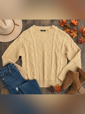 BTFBM Cable Knit Sweater Women’s Large Camel Button Shoulder Chunky Pullover